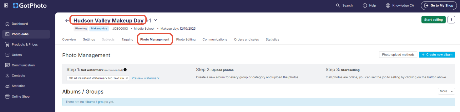 Photo management dashboard showing where to switch between main and Makeup Day sub-jobs before uploading images.