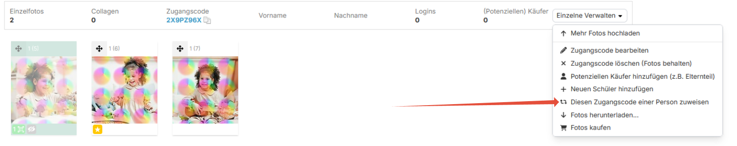 Zugangscode mit Person verknüpfen Menüoption