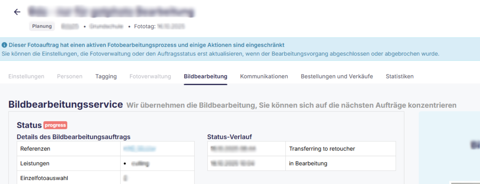 Statusanzeige: Bearbeitung aktiv