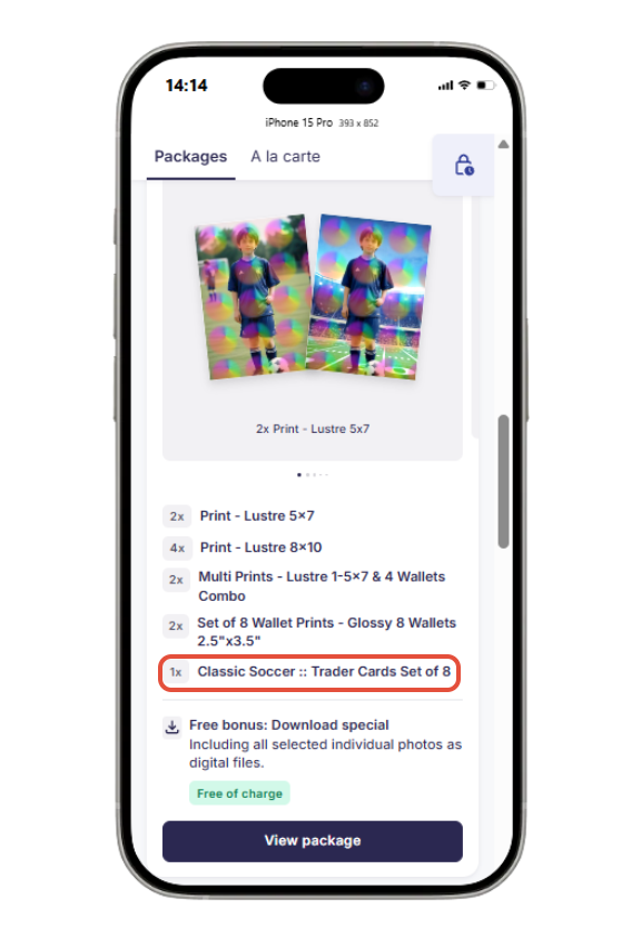 shop view displaying a package that includes customizable trader cards.