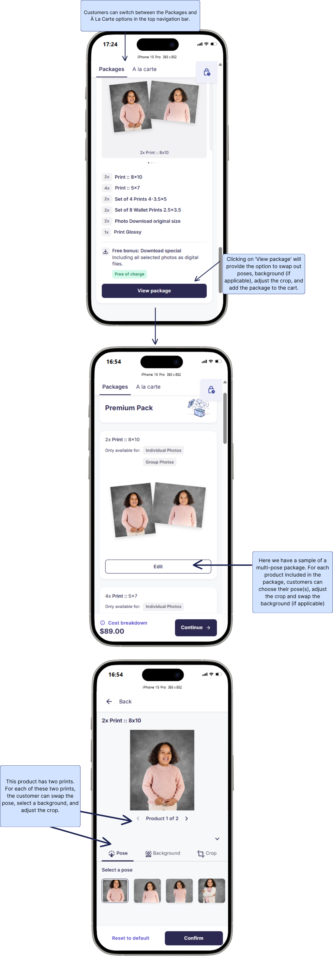 View of the package selection page
