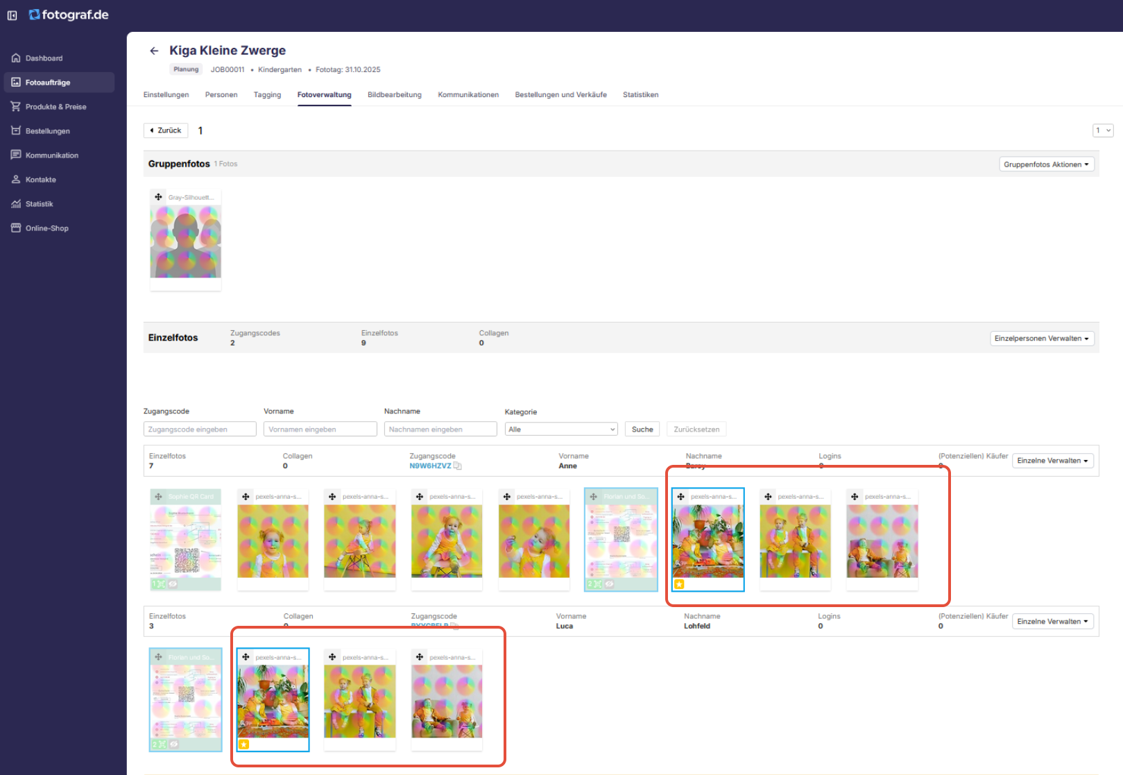 Beispielhafte Ansicht nach Sortierung nach Namensliste.