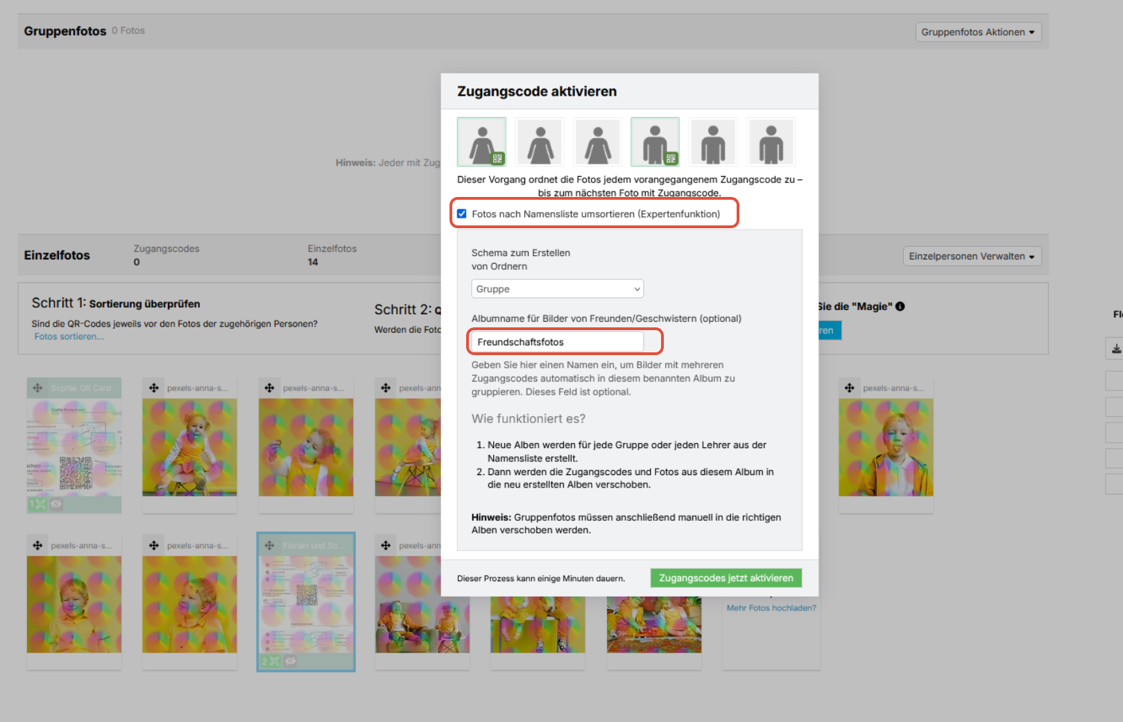 Einstellung für Albumname für Freundschaftsfotos.