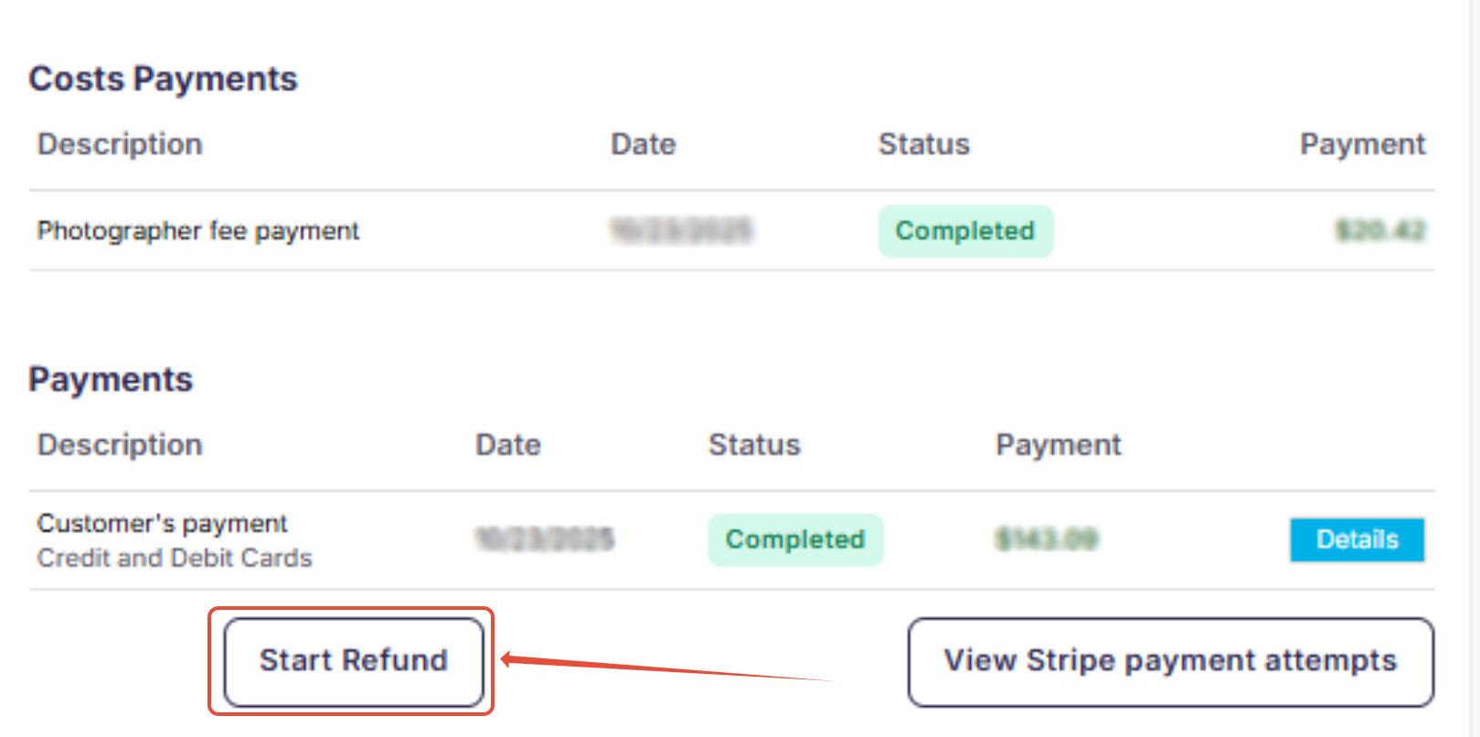 Refund button on an order details page