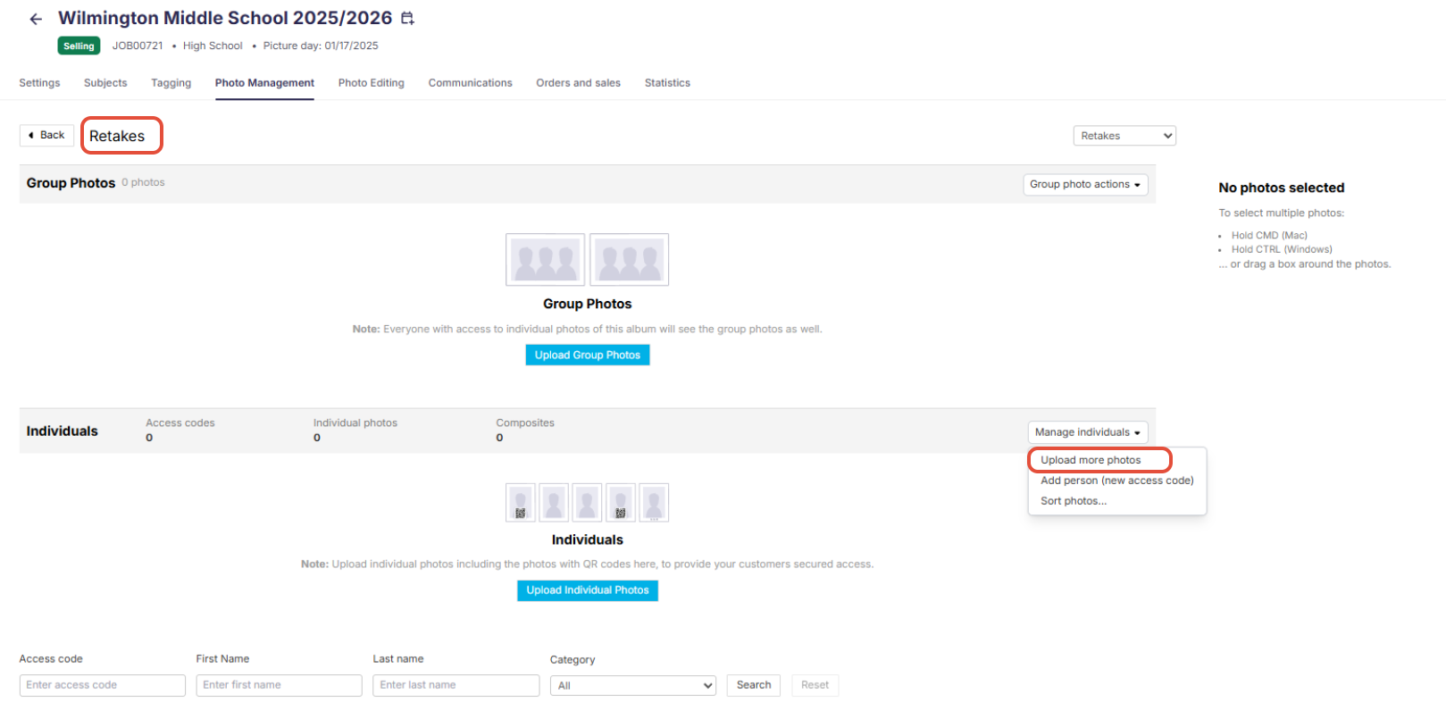 Photo management page showing new album for retake photos.