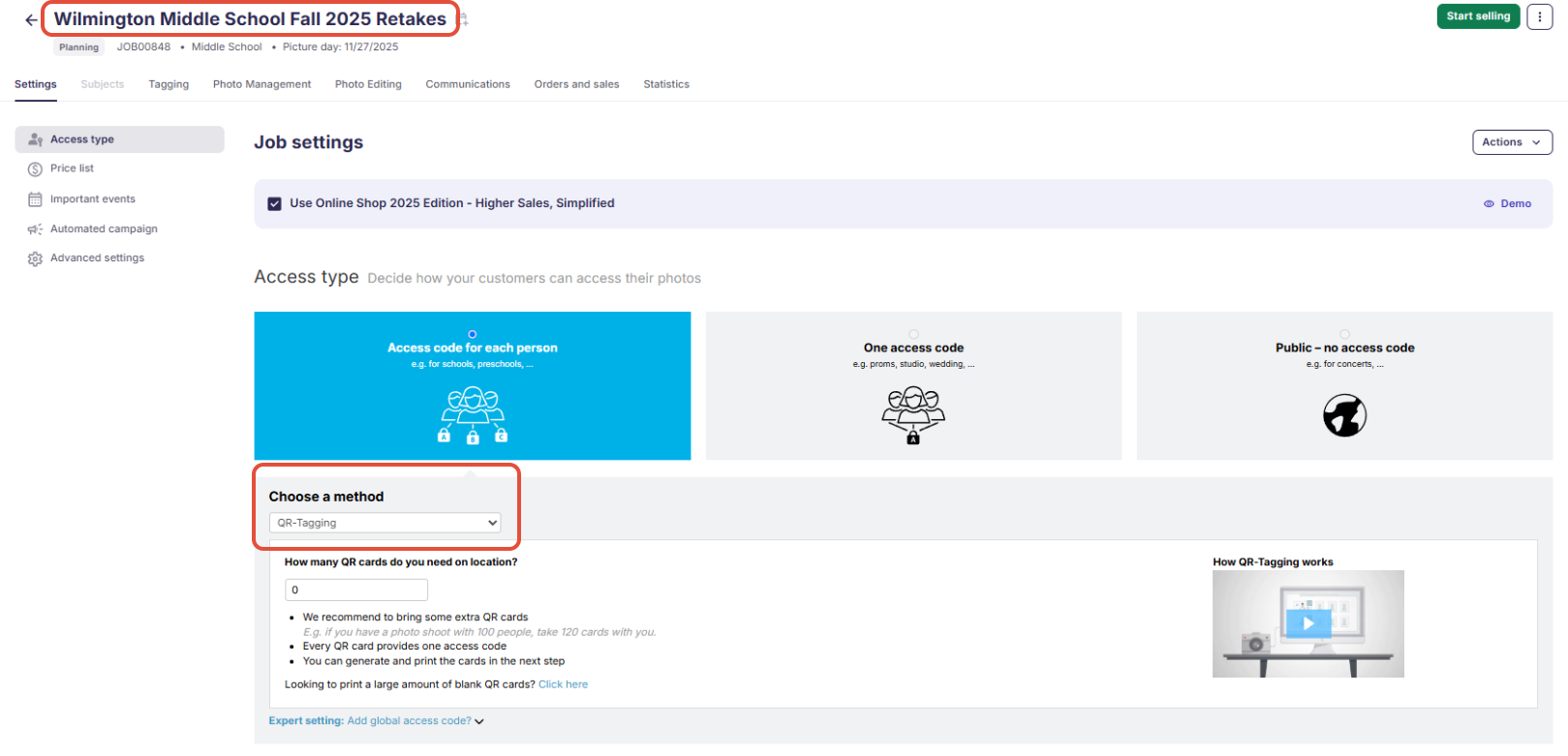 Job creation screen highlighting QR tagging and no data loading.