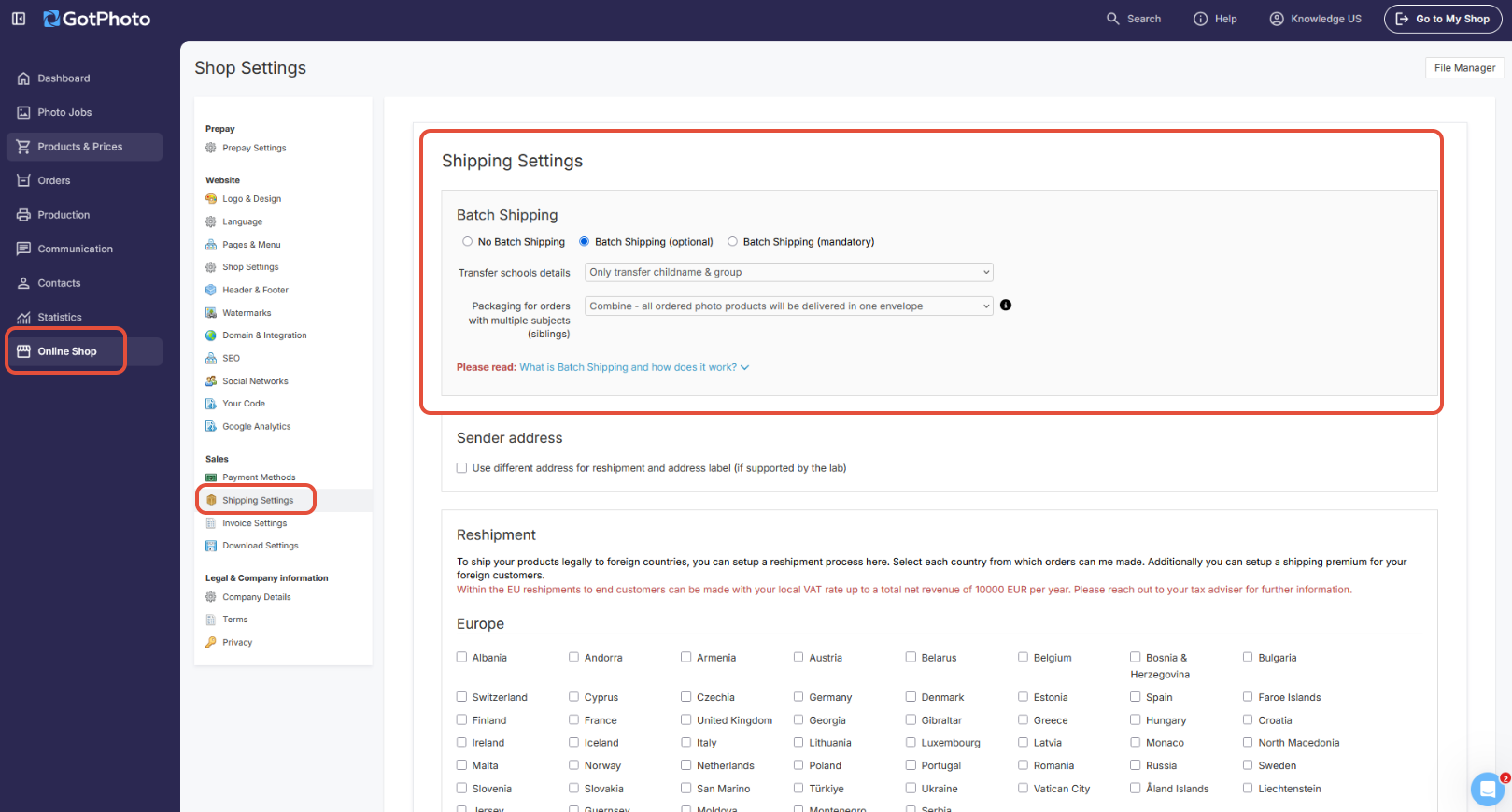 Example showing shipping settings with batch shipping toggle enabled and pointing arrow.