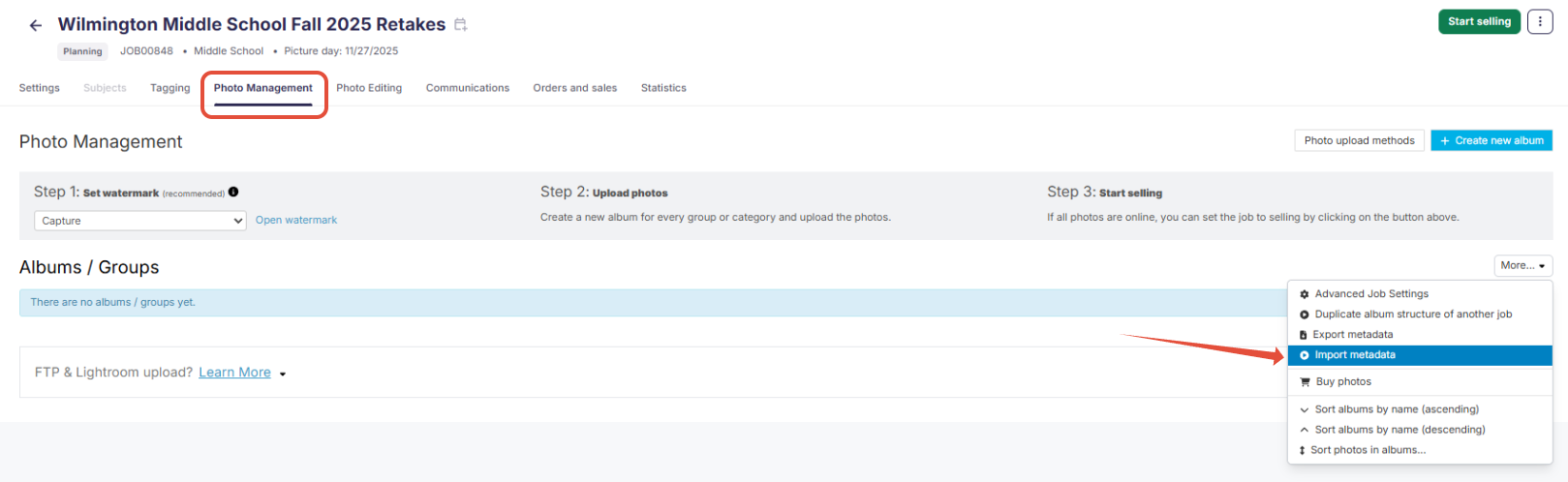 More menu with Import metadata