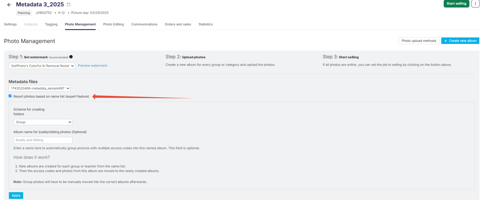Resort photos based on names list option