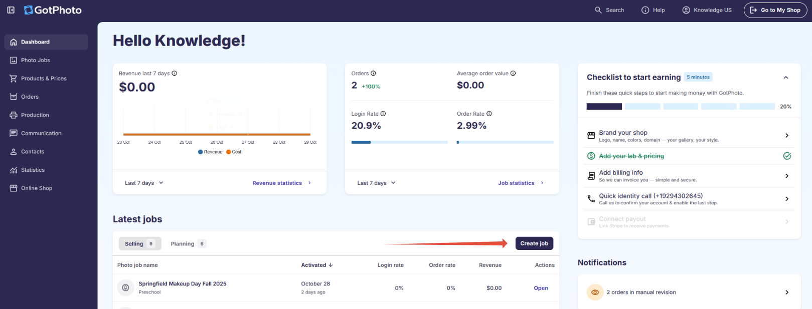 Create new job button in GotPhoto