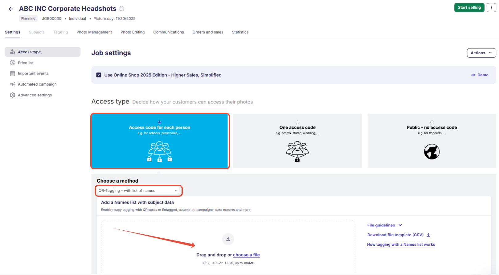 Access type and QR tagging setup