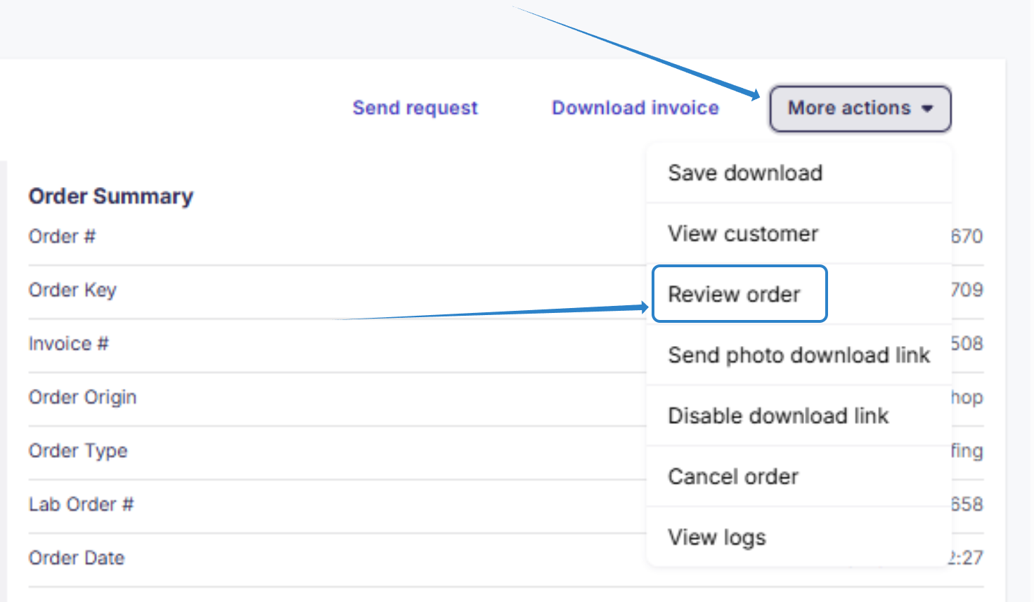 More actions > Review order button to move order to Manual Revision