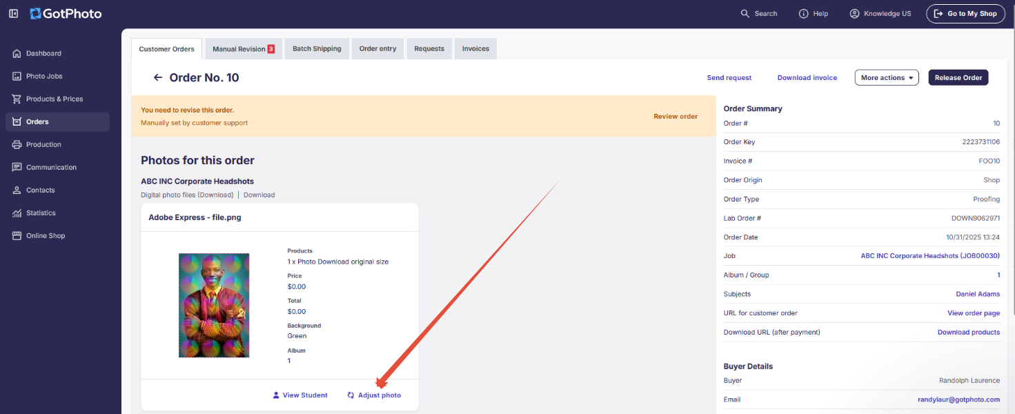 Adjust Photo button to edit product image