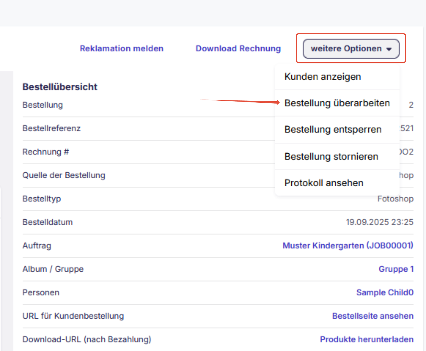 Button Weitere Aktionen > Bestellung überprüfen