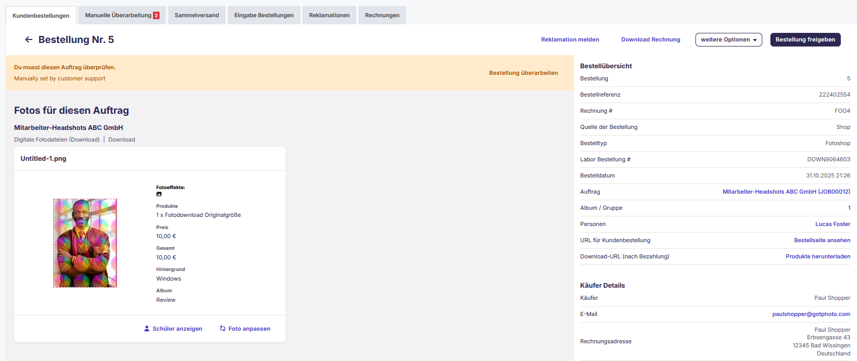 Die Bestellung zeigt nun das neue Foto.