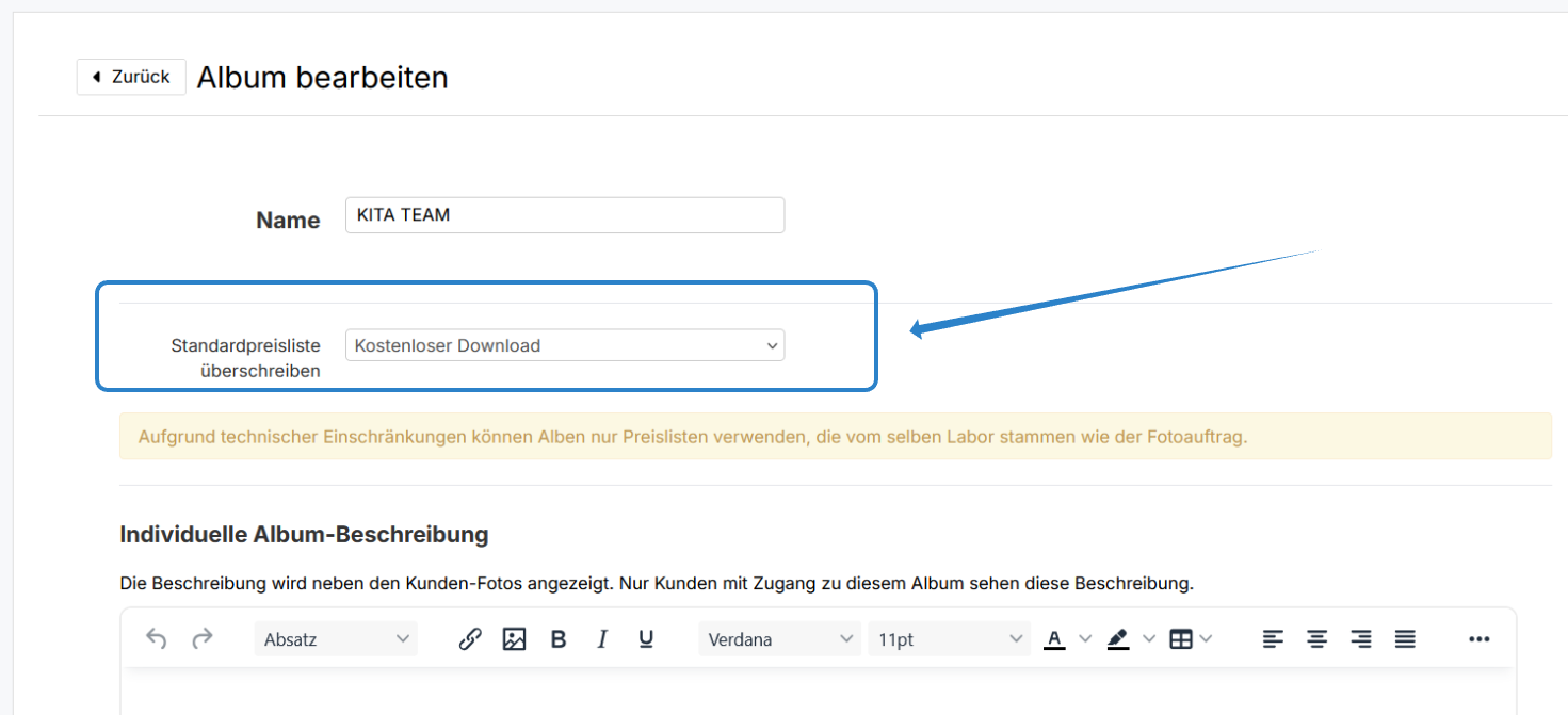Screenshot Albumeinstellungen Preisliste zuordnen
