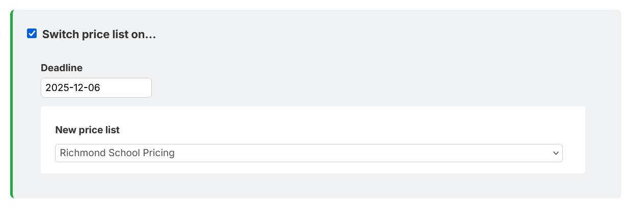 System showing price list switch date set to December 6 at midnight.