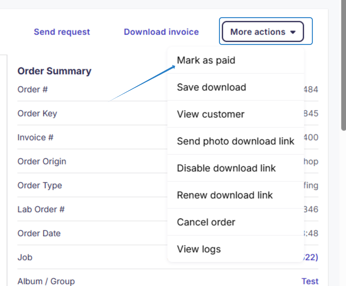 Mark as paid option displayed in order actions menu