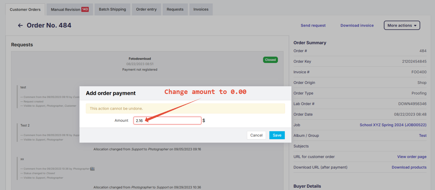 Add order payment popup showing editable payment field