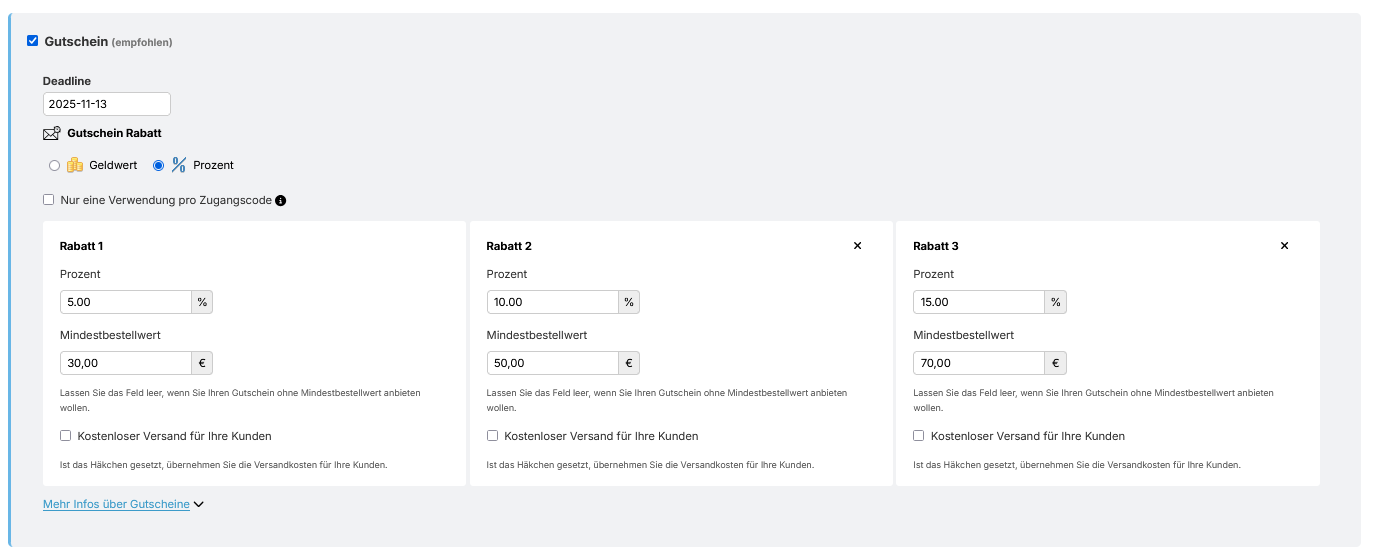 Beispiel Gutschein-Einstellungen