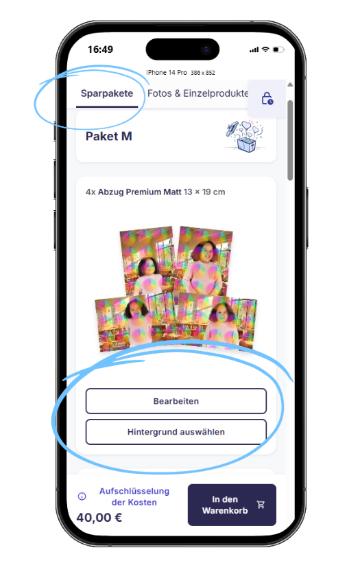 Hintergrundauswahl für ein Produkt innerhalb eines Pakets