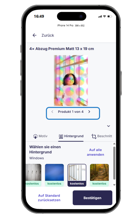 Hintergrundauswahl folgt für jeden einzelnen Abzug / Download eines Produkts innerhalb eines Pakets.