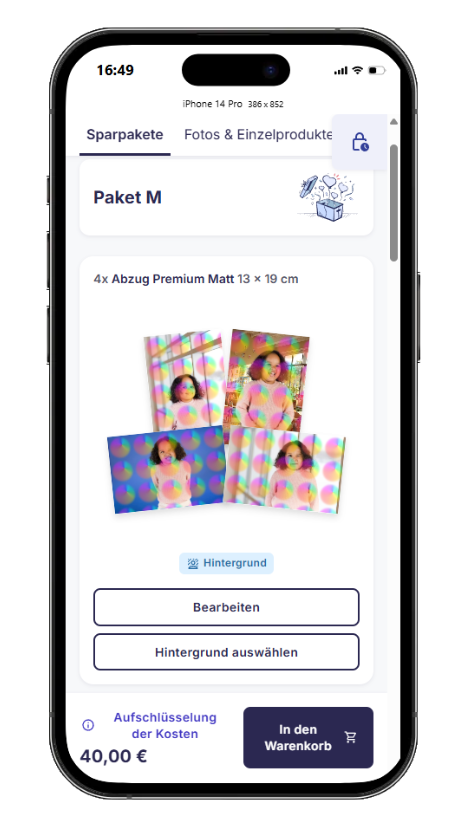Vorschau der gewählten Hintergründe und Motive eines Produkts innerhalb eines Pakets.