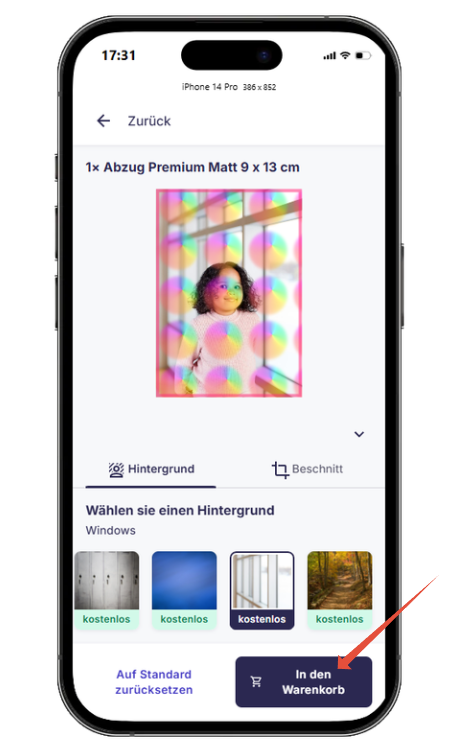 Hintergrund- und Zuschnittauswahl eines Einzelprodukts mit Button "In den Warenkorb"