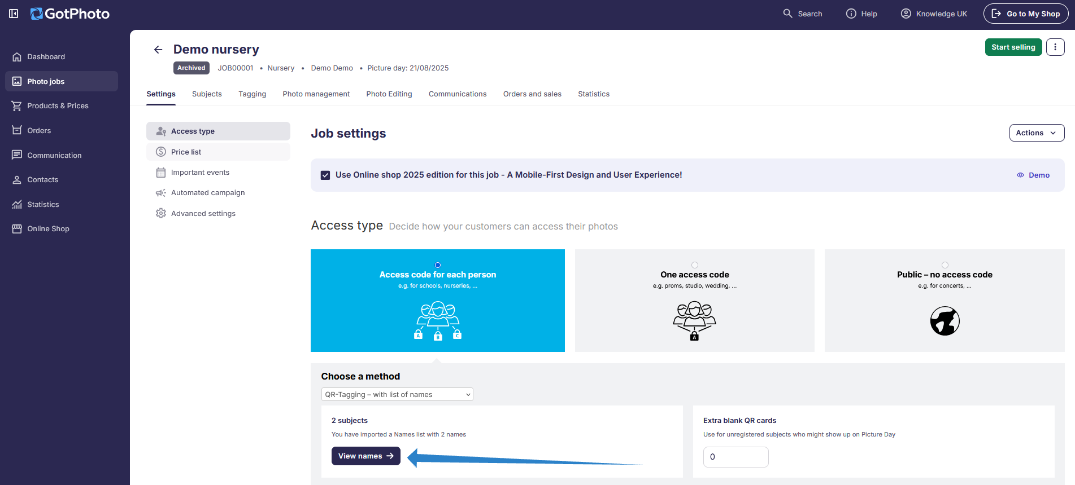 Manage Names highlighted in the job menu.