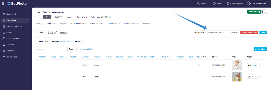Student data export button in the names list.