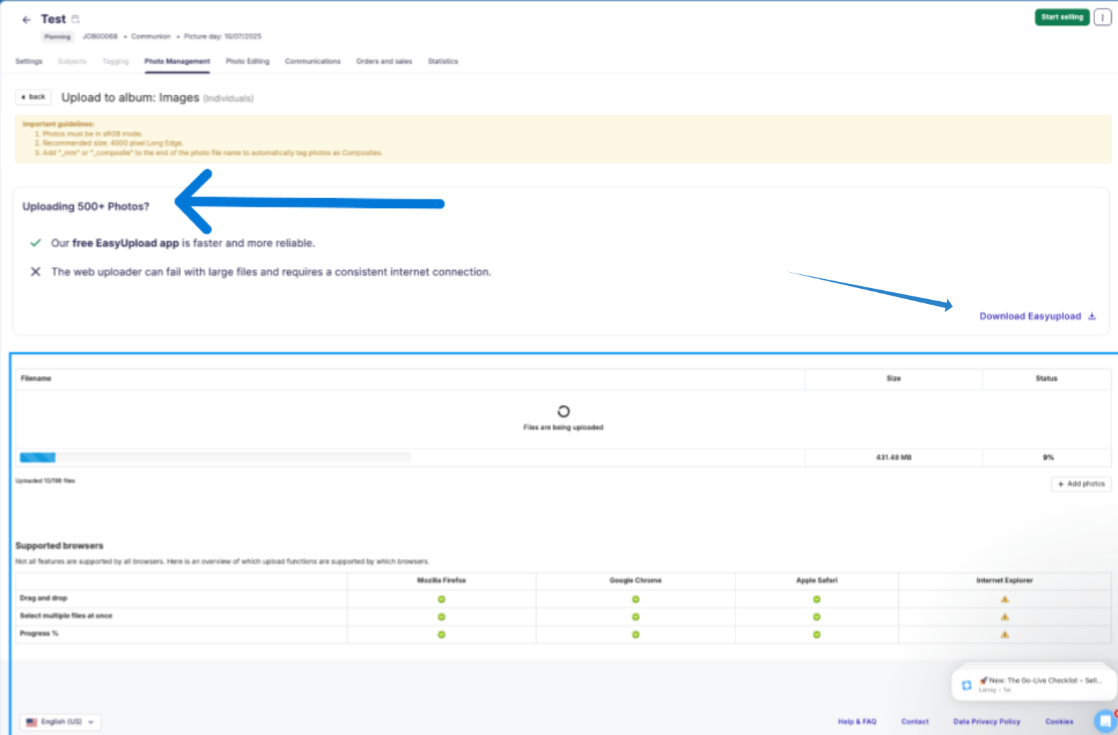 Web uploader suggestion to switch to EasyUpload for larger uploads