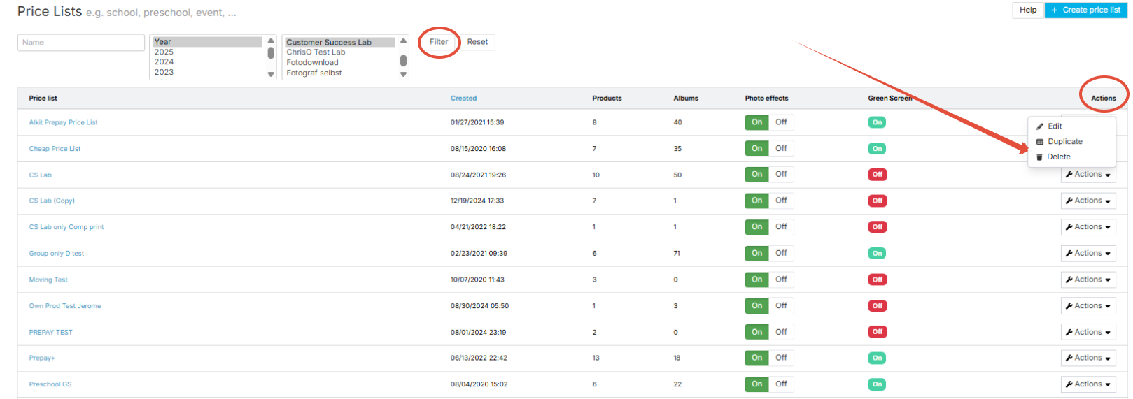 Deleting a price list