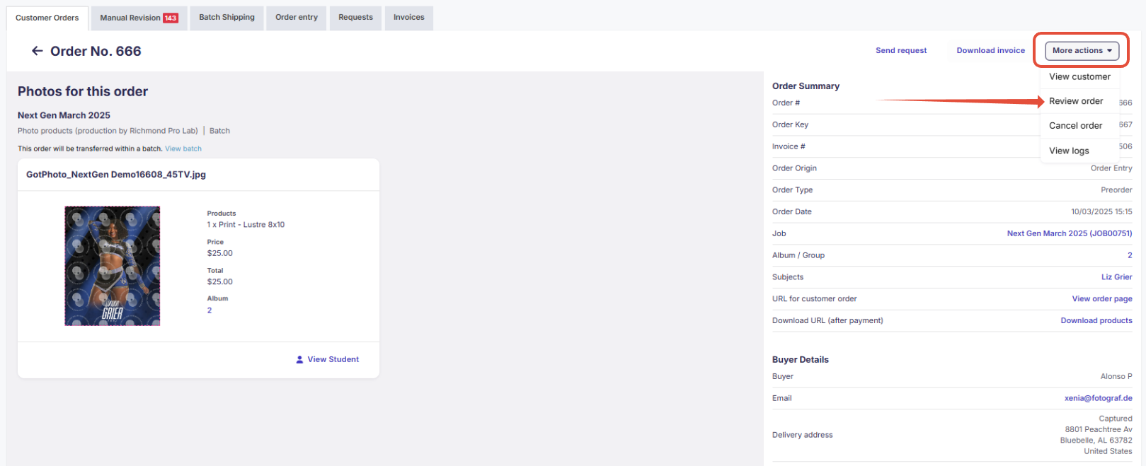 Review Order option showing Manual Revision workflow