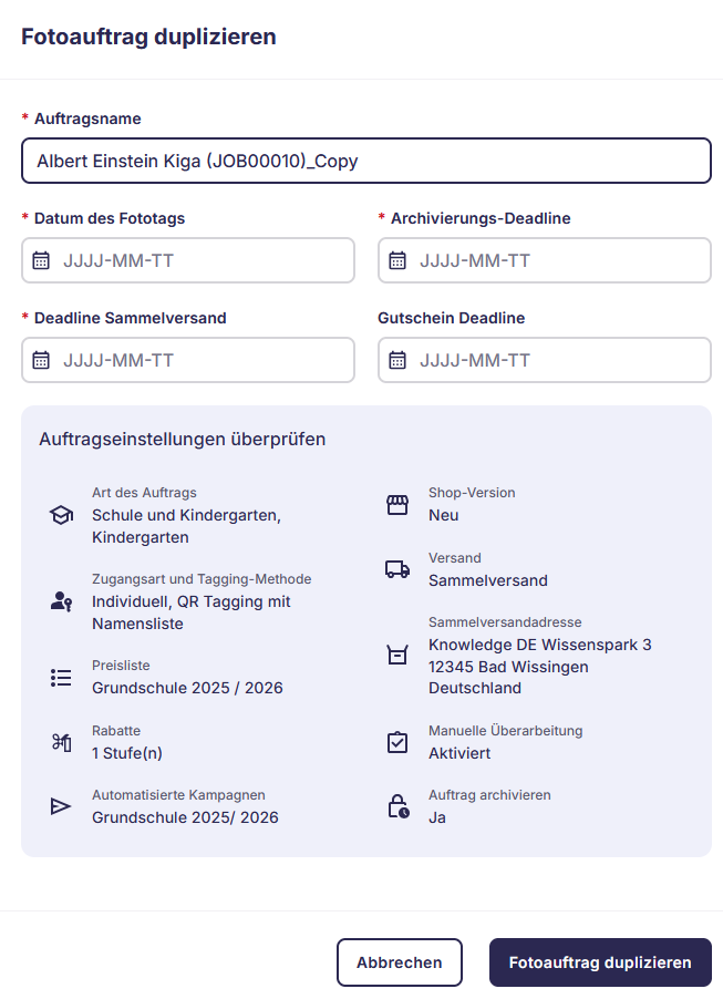 Screenshot: Übersicht der übernommenen Einstellungen beim Duplizieren