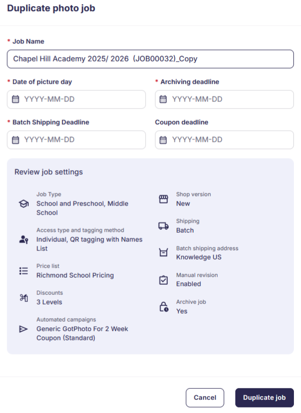 Duplicated job settings overview