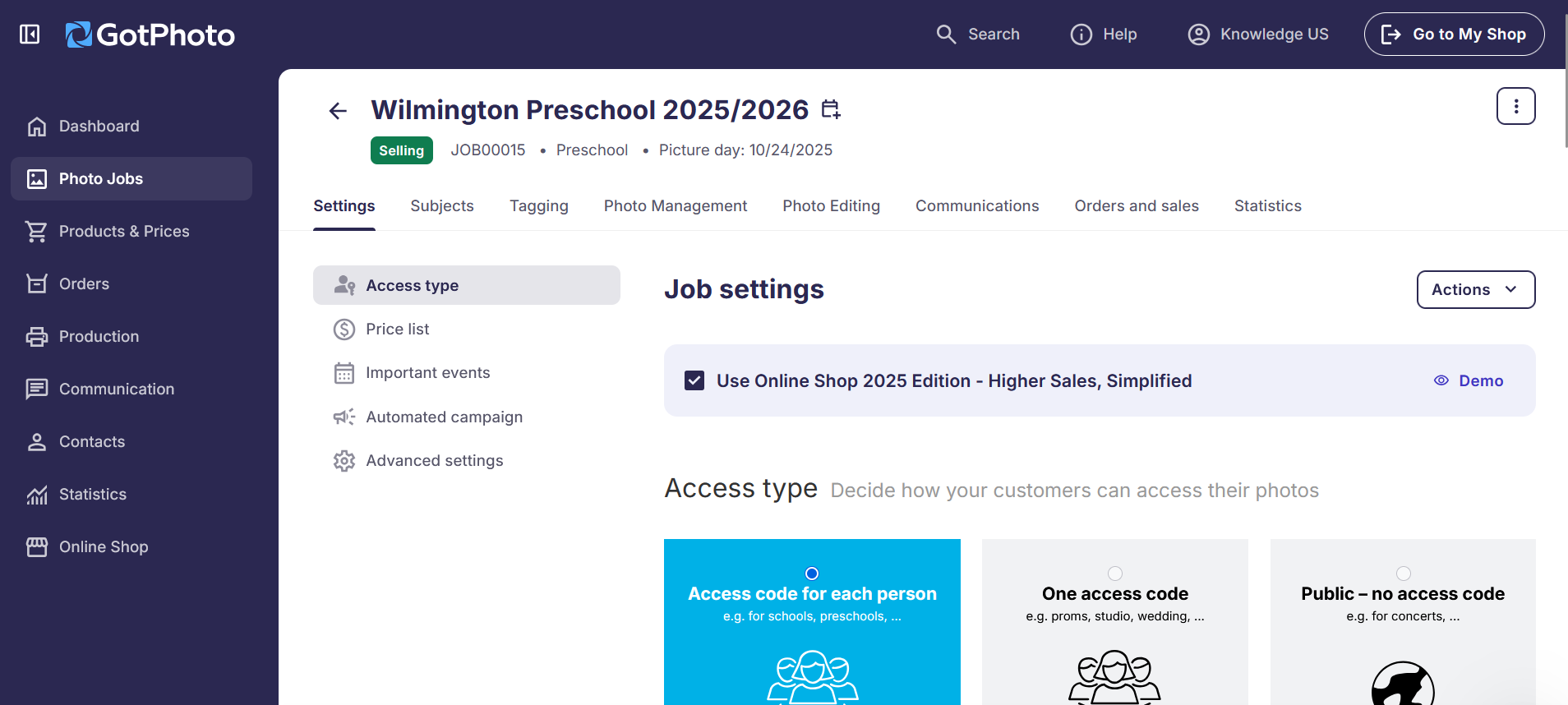 Preview of a photo job's settings page