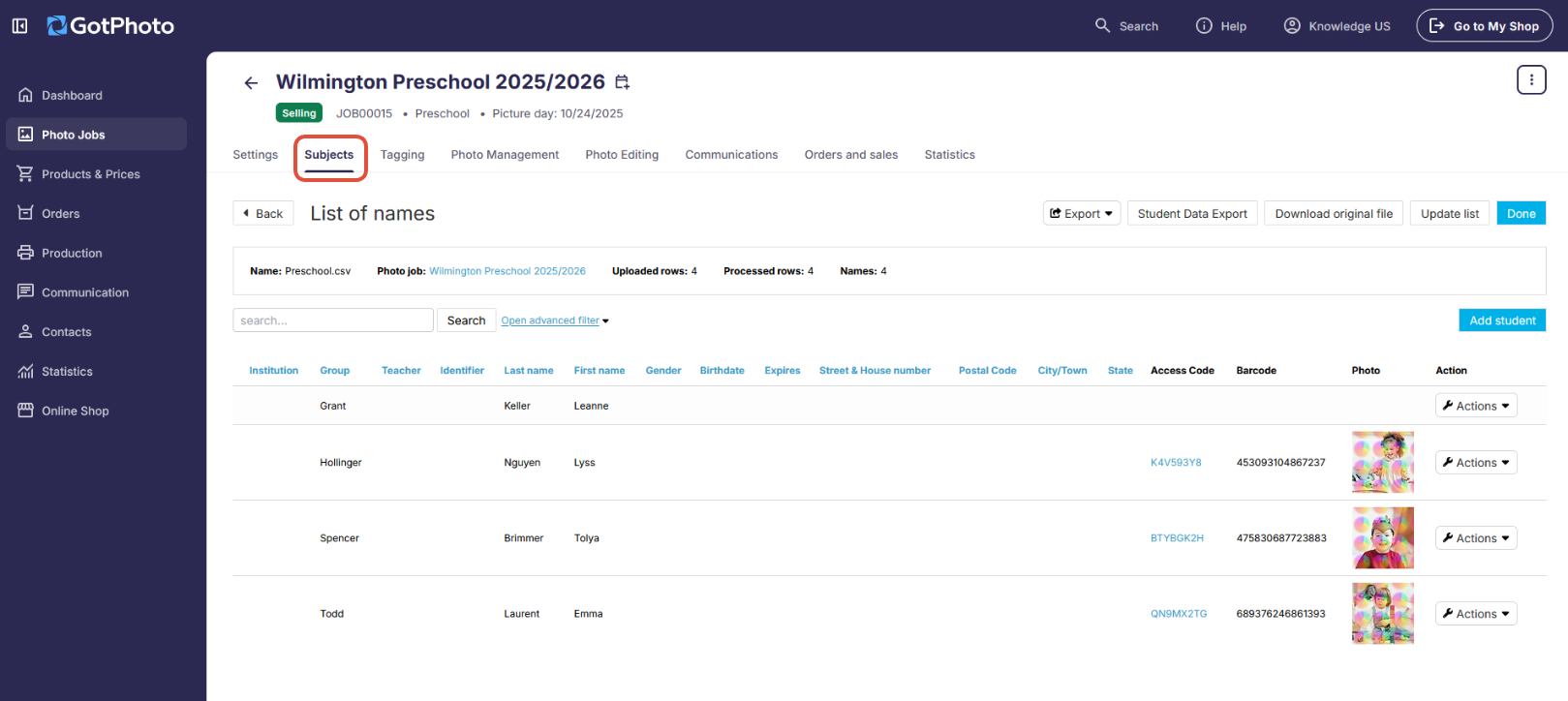 Subjects tab interface showing list of students and management options