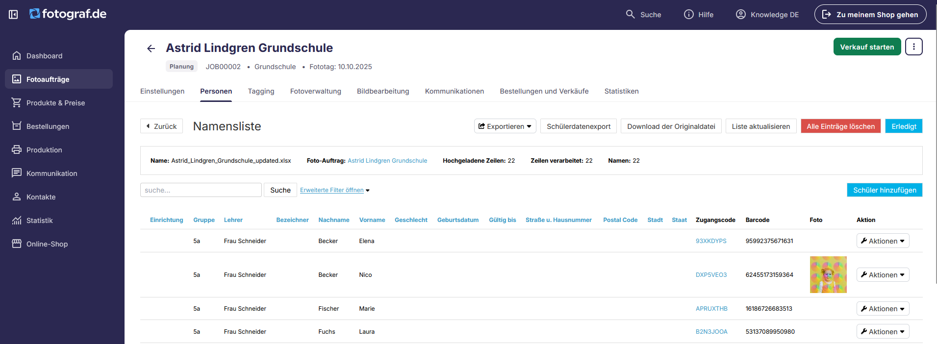 Reiter Subjects mit Schülerliste und Bearbeitungsoptionen