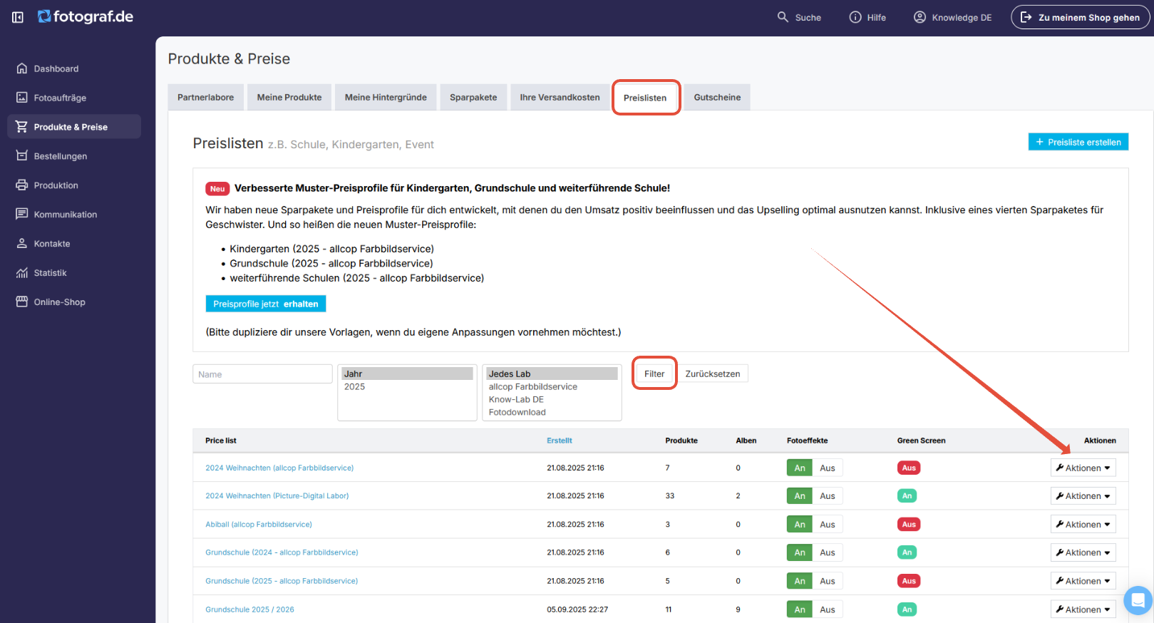 Übersicht der Preislisten mit Filtermöglichkeit