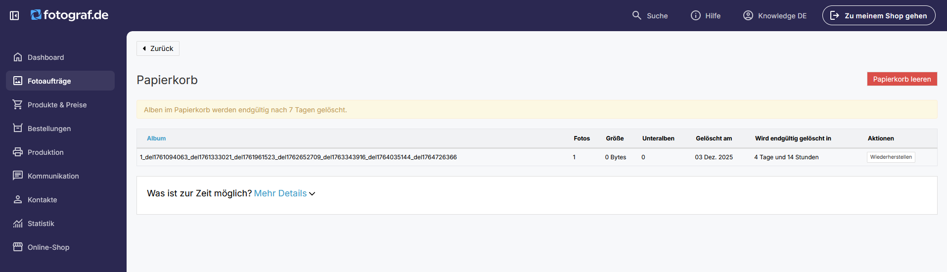Papierkorb, oben rechts erscheint in rot der Papierkorb leeren Button.
