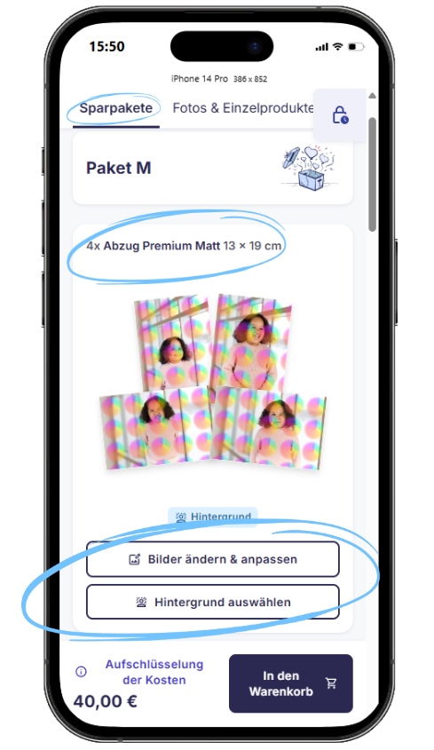 Hintergrundauswahl für ein Produkt innerhalb eines Pakets