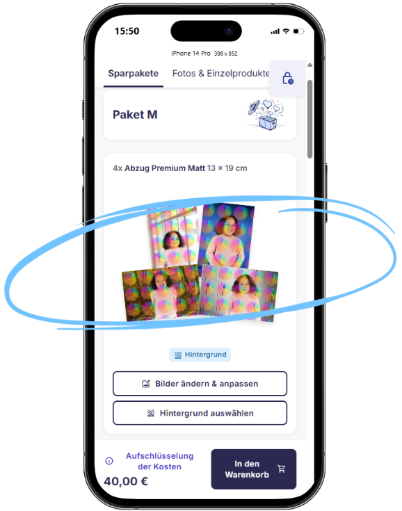Vorschau der gewählten Hintergründe und Motive eines Produkts innerhalb eines Pakets.