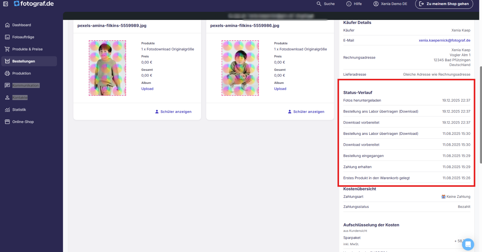 Bereich Weitere Daten in der Bestellübersicht