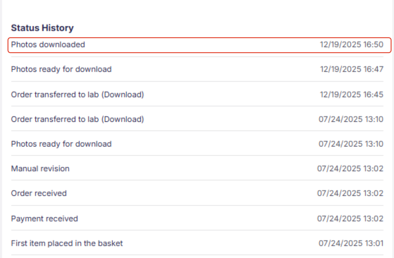 Status history on order page