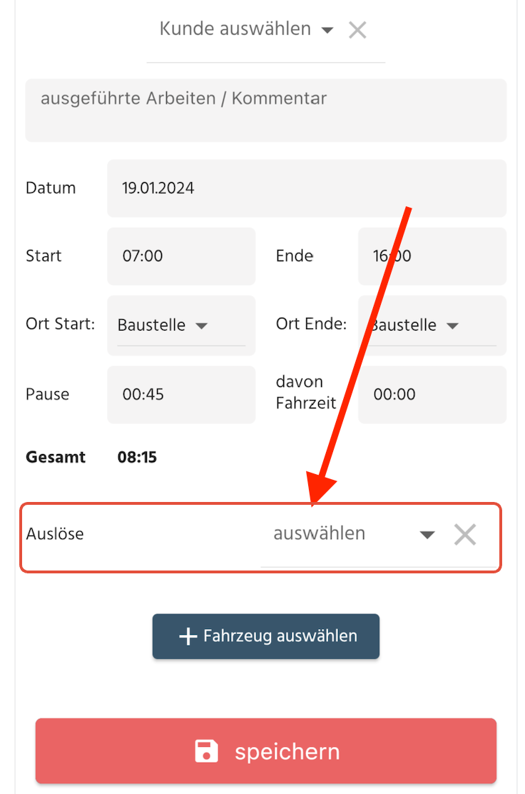 Hier sehen Sie, wie Sie das Feld ‘Auslöse’ in der App anlegen.