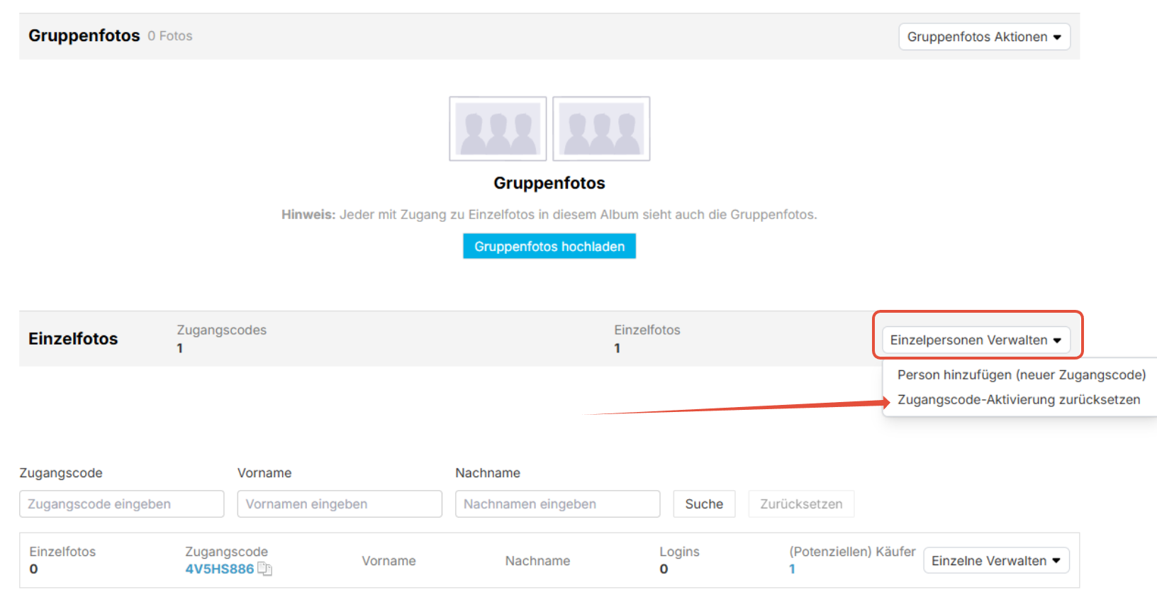 Albumansicht: Zugangscodes zurücksetzen.