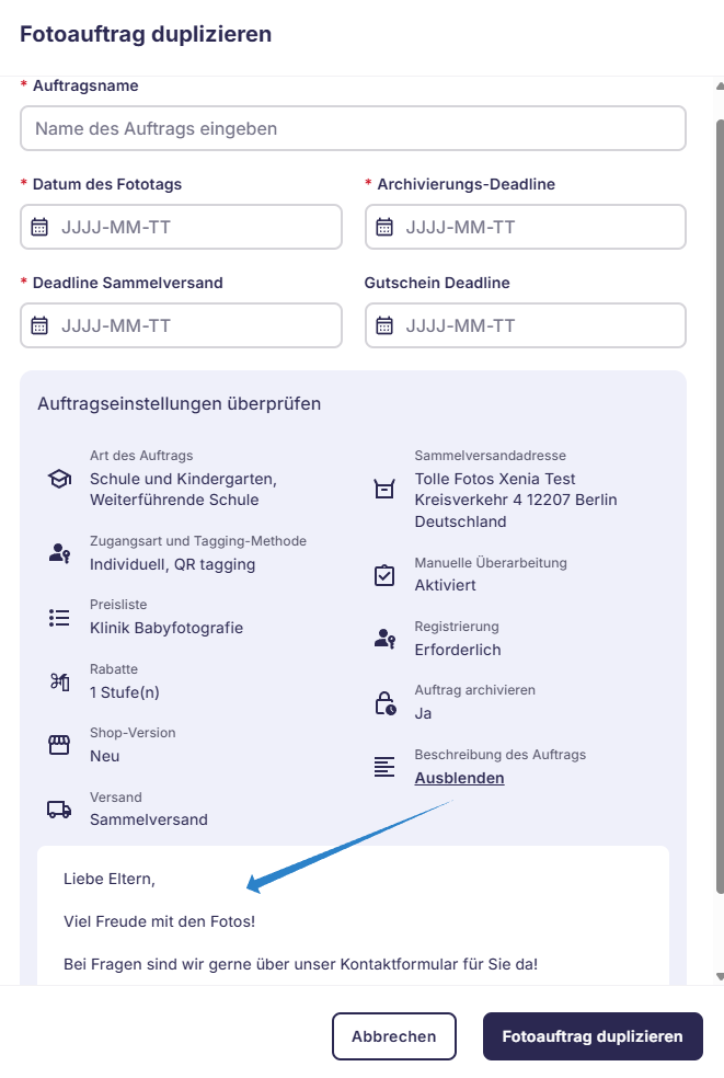 Screenshot: Übersicht der übernommenen Einstellungen beim Duplizieren