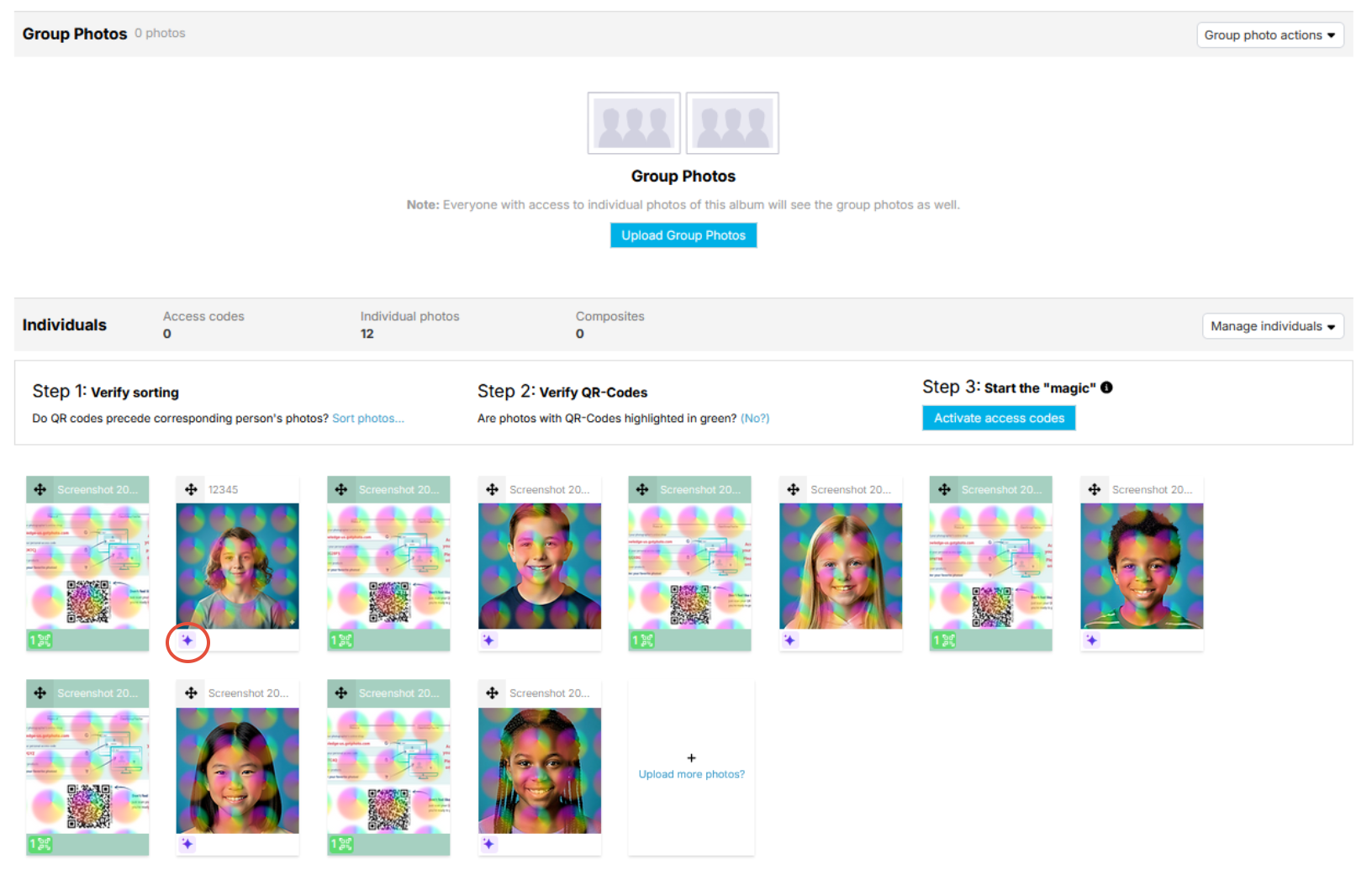 QR card images highlighted in green for confirmation