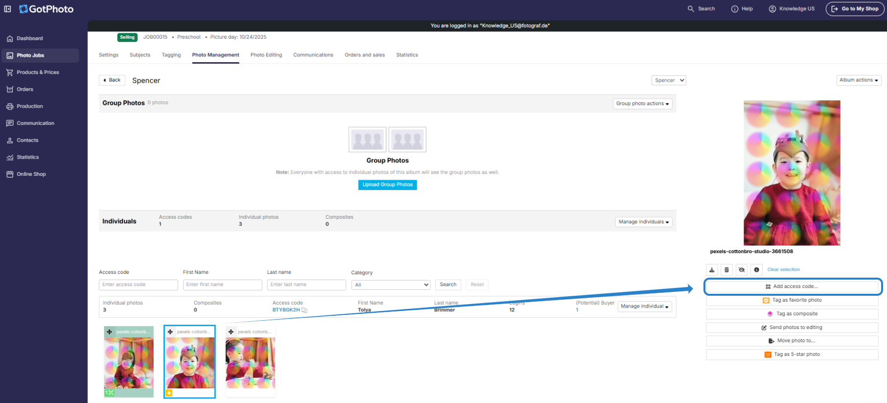 Screenshot showing how to add access code.