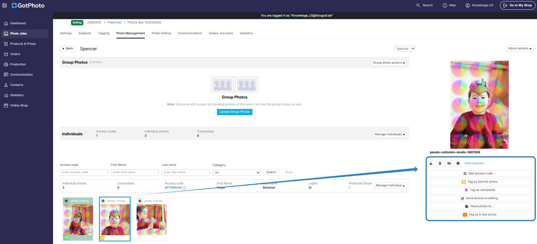 Screenshot of the available actions to manage and edit photos.